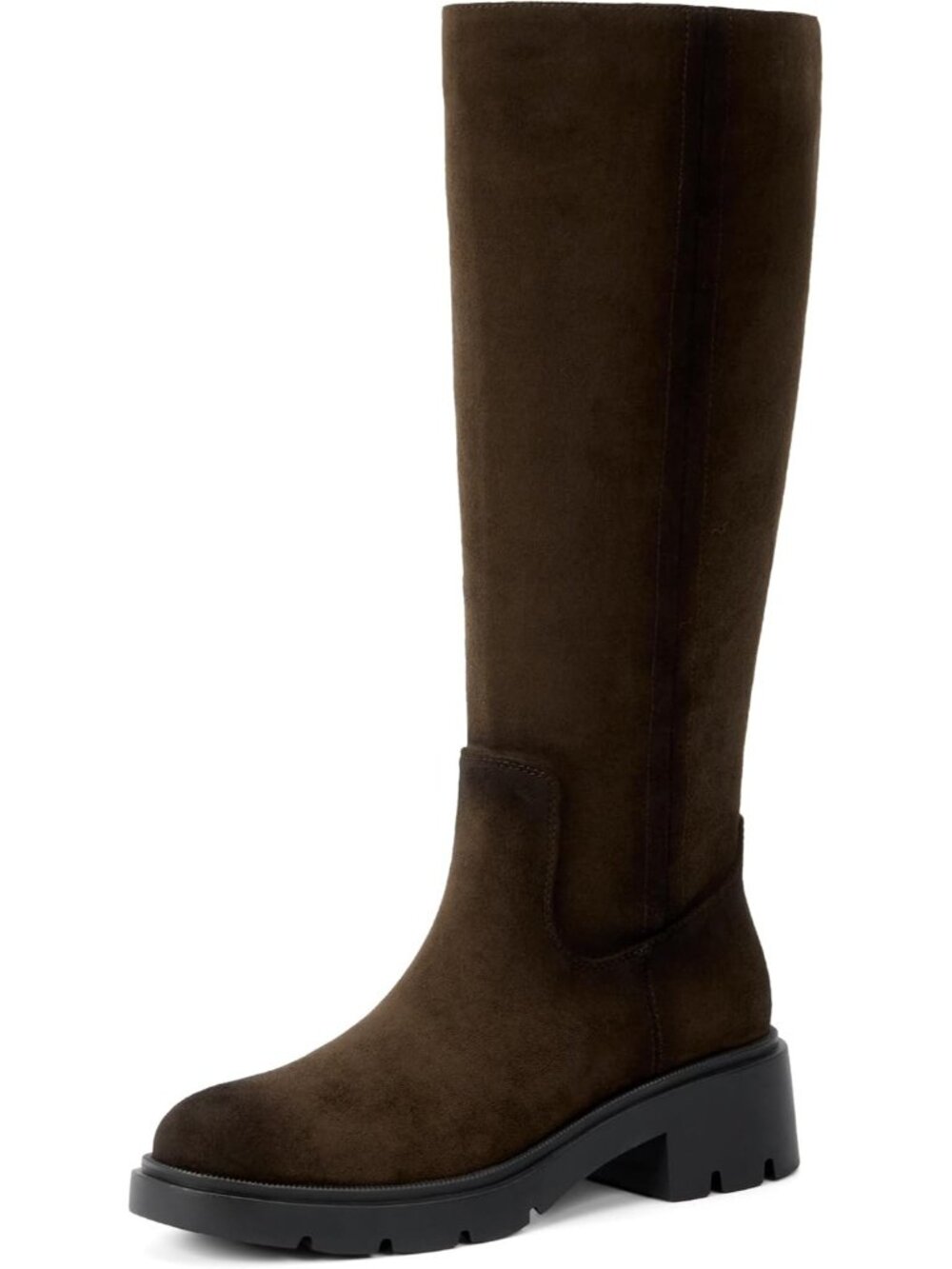 Women's Dark Brown Faux Suede Wide Calf Round Toe Low Heel  Side Zipper Boots